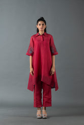 Tresor High Low Kurta Set Mahroon