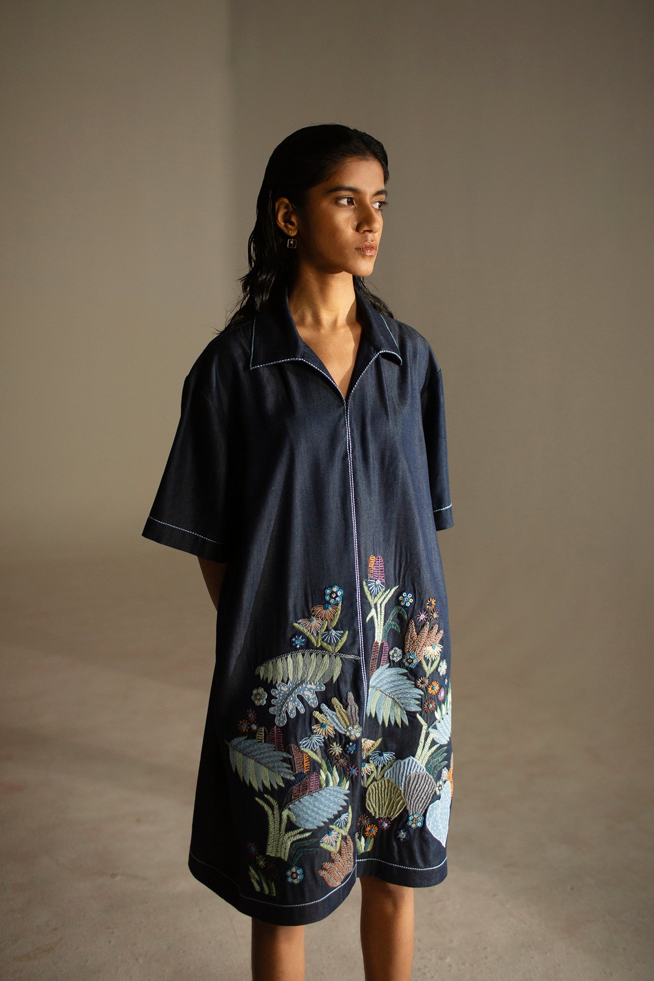 Verve Box Fit Dress Denim Leaf Oja Culture Verve Box Fit Dress Denim Leaf Oja Culture