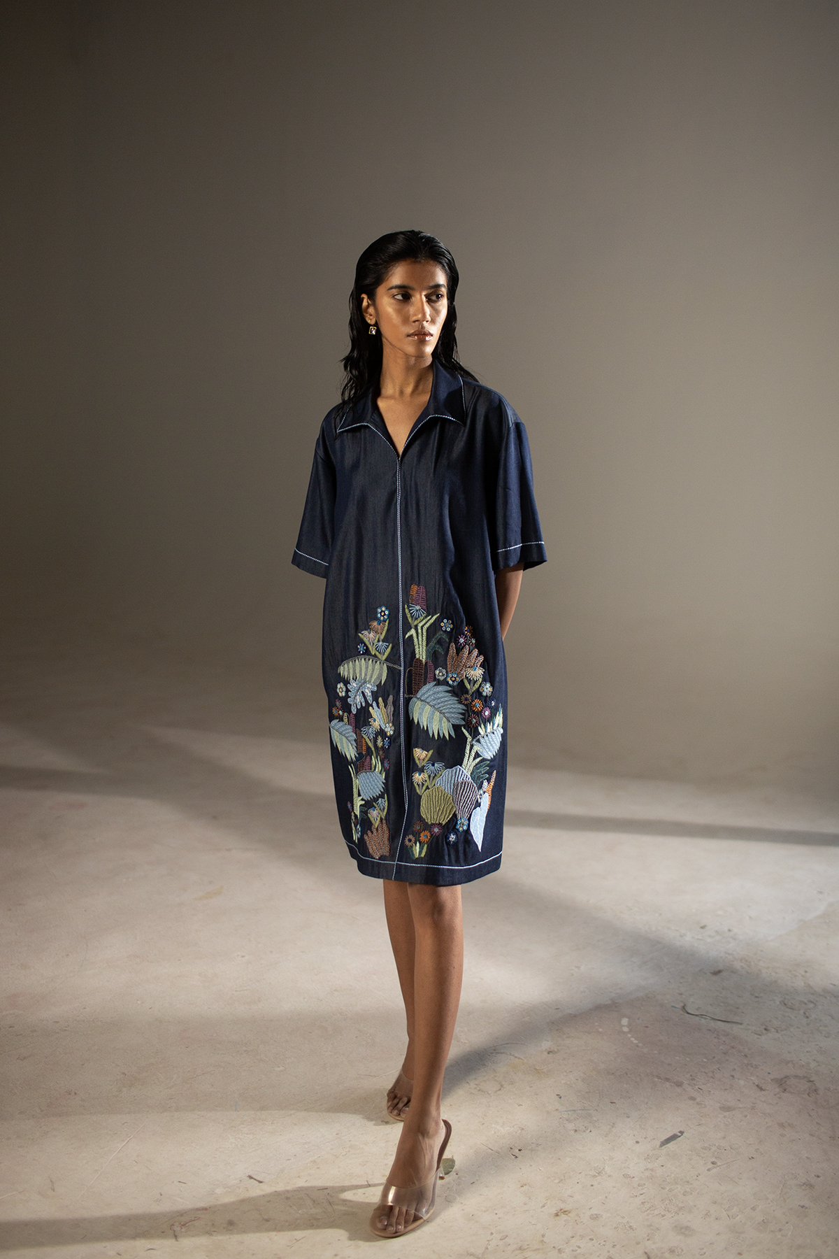 denim box dress Denim embroidered box pleated dress