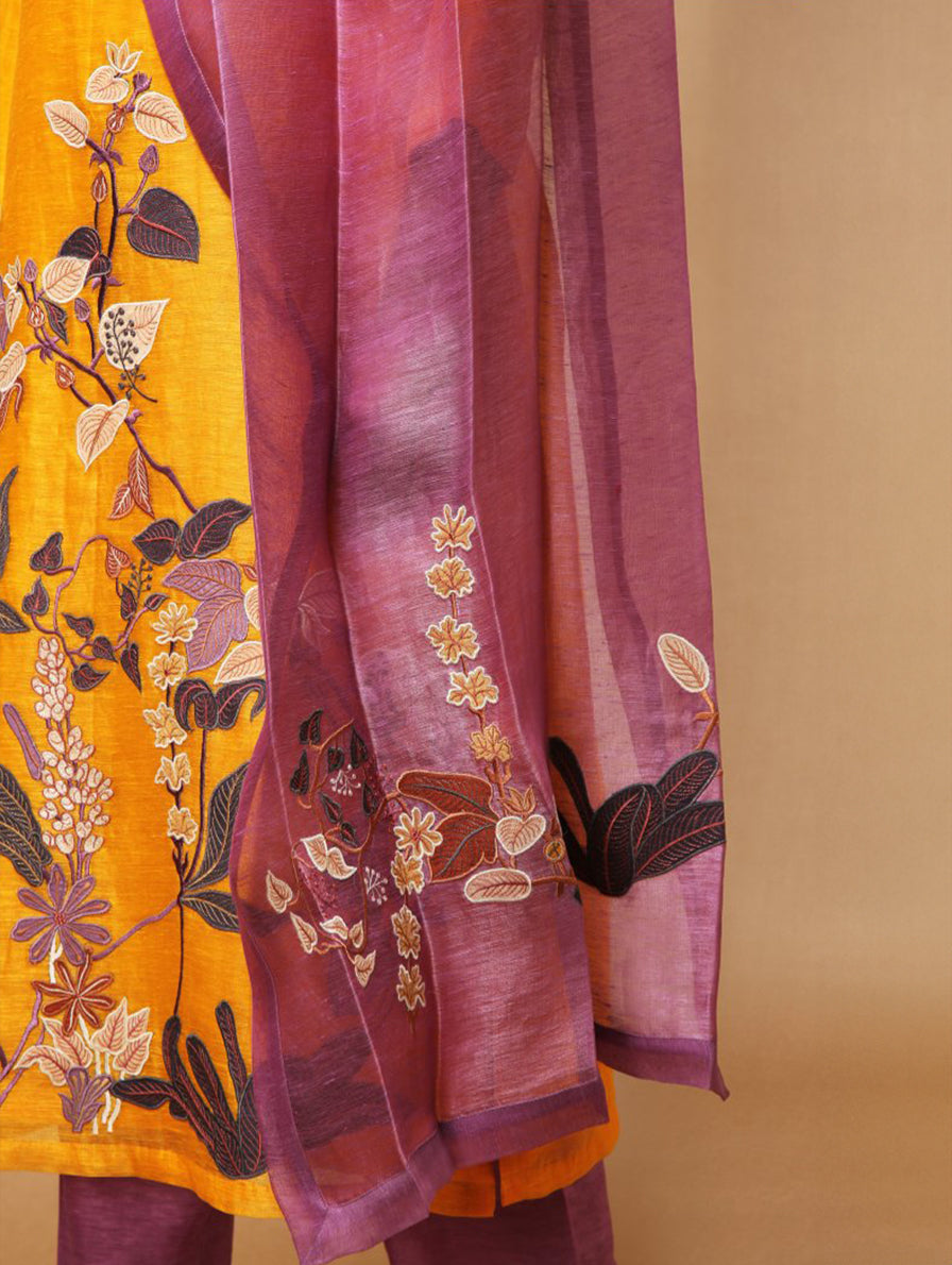 Floris Kurta Set with Dupatta Yellow Purple