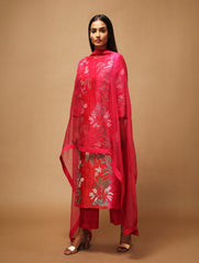 Floris Two Tone Kurta Set with Dupatta Red Fuchsia