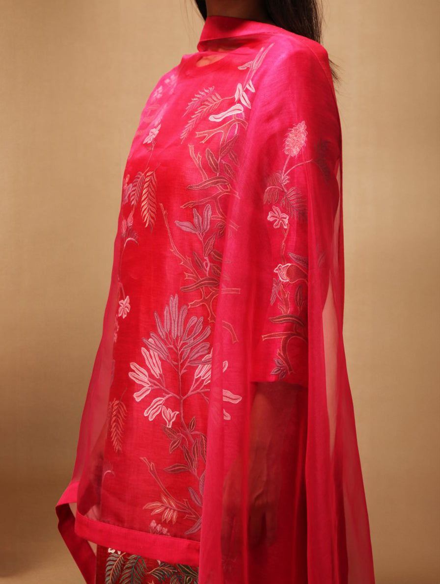 Floris Two Tone Kurta Set with Dupatta Red Fuchsia