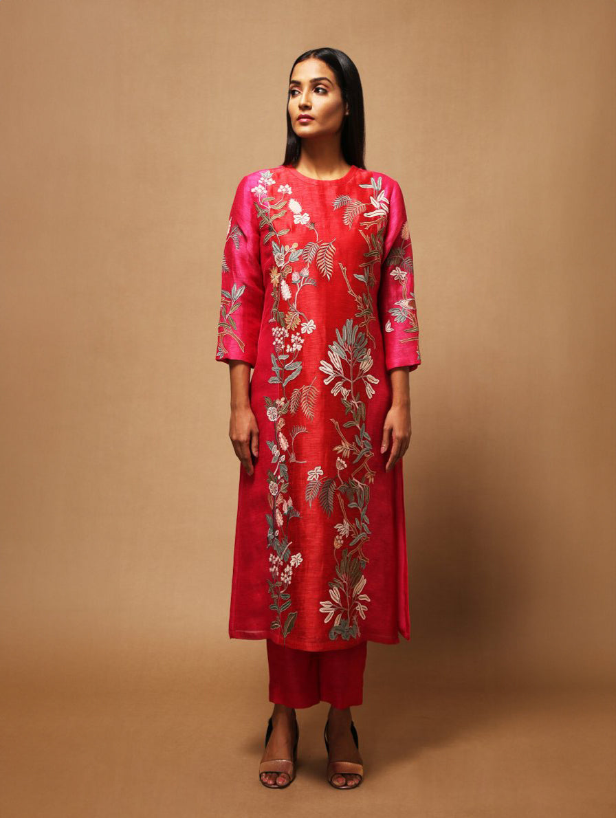 Floris Two Tone Kurta Set with Dupatta Red Fuchsia