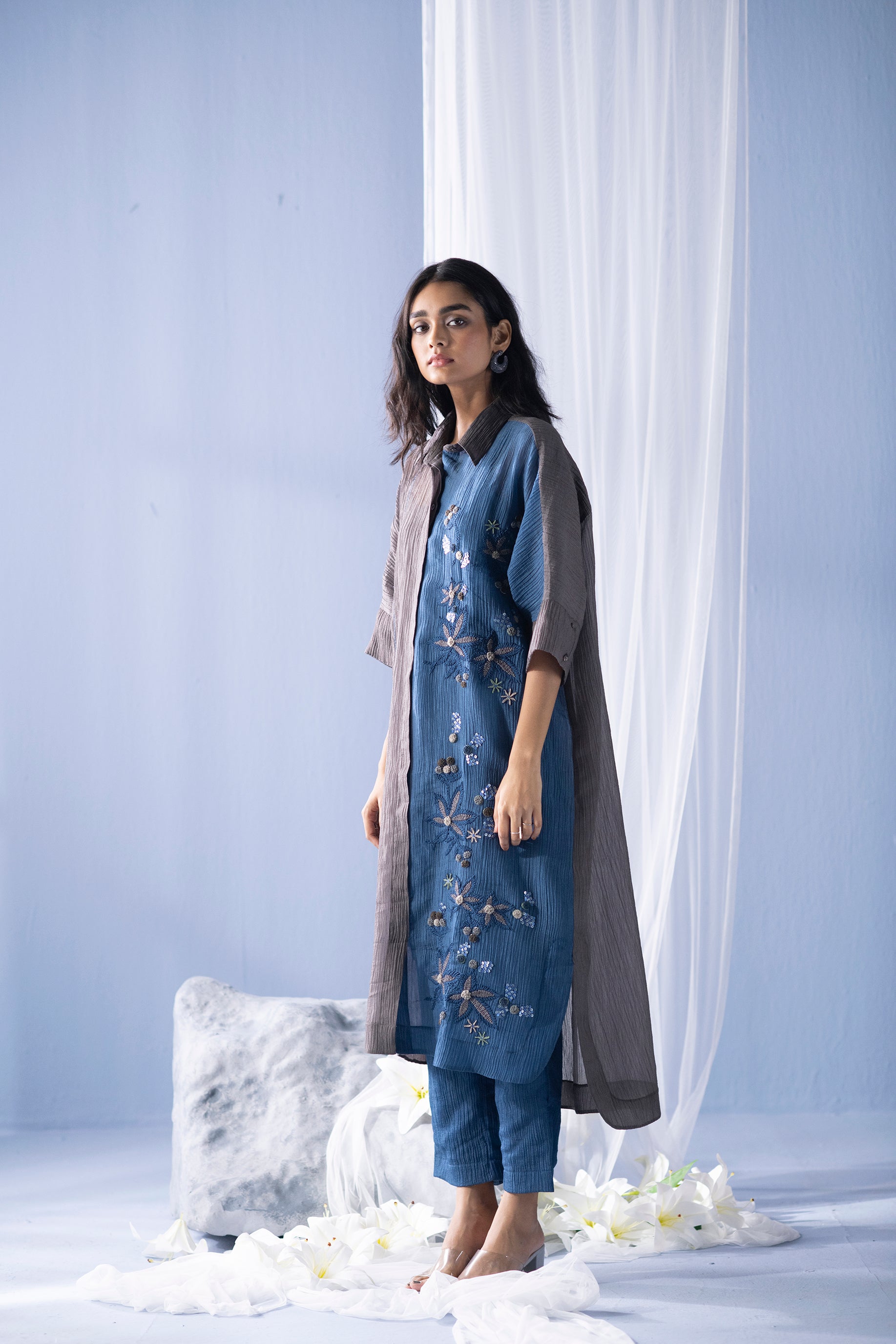 Tresor Anti-Fit Kurta Set Slate Grey & Midnight Blue